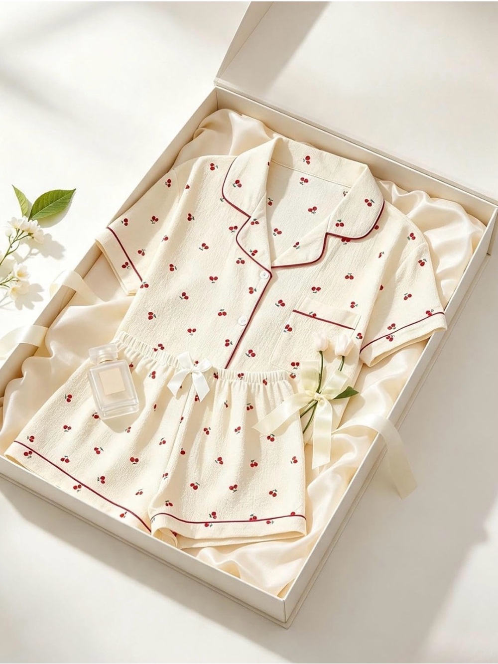 Cream Cherry-Print Short Pajama Set with Contrast Piping